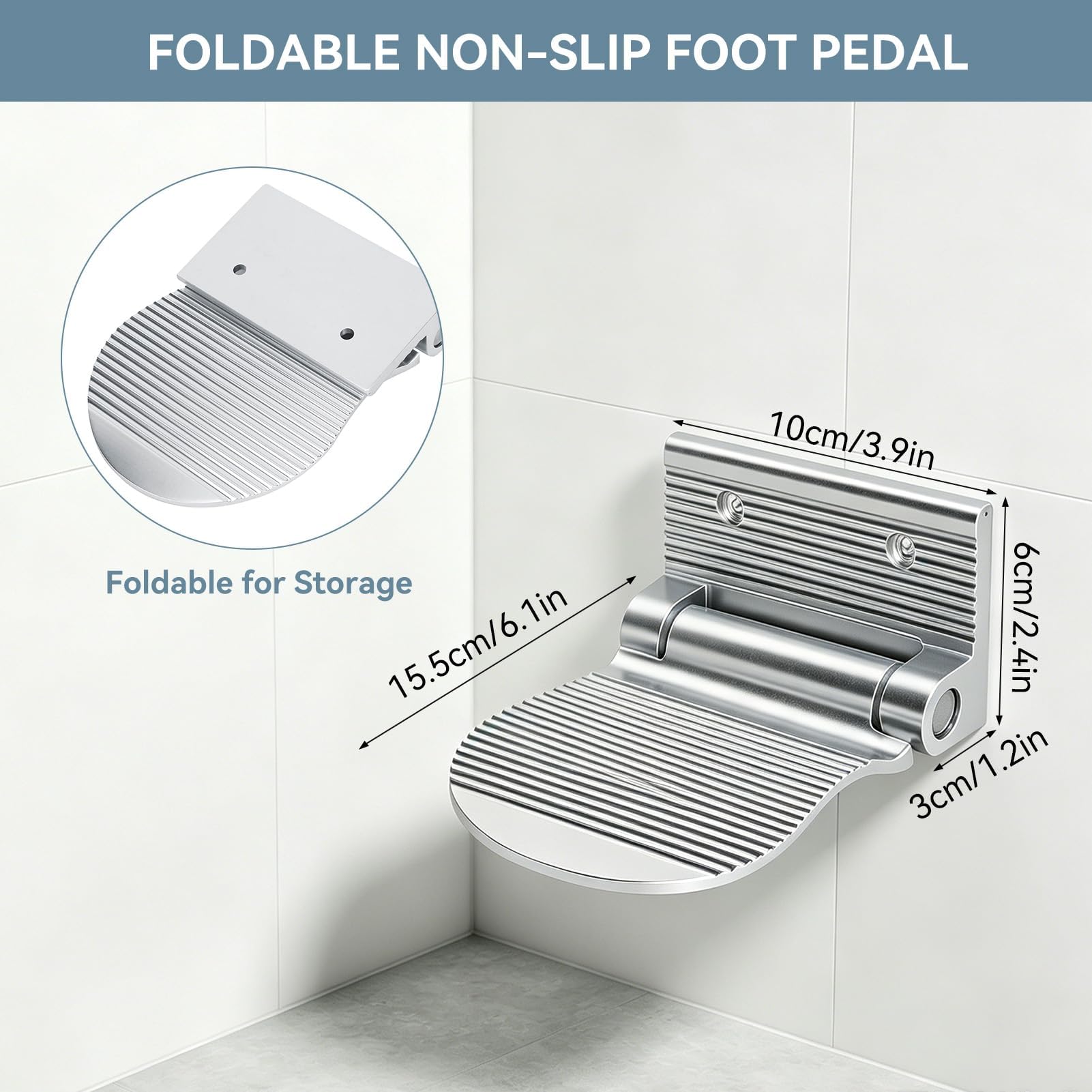 Reposapiés de Ducha, Pedal Plegable Antideslizante con fijación a la Pared, reposapiés portátil de Aluminio Espacial para afeitarse y lustrar Zapatos en el baño y el Pasillo, Color Plateado