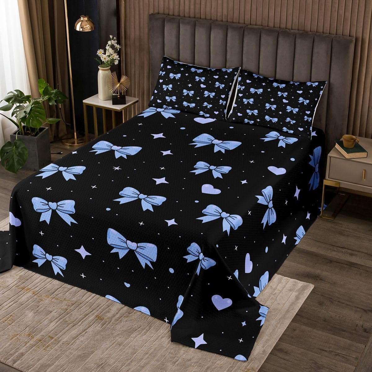 jejeloiu Blue Bow Bedspread Quilts Bowknot Coverlet Set Queen Size for Kids Boys Girls Princess Style Quilted Coverlet for All Season with 2 Pillowcases Cute Bowtie Microfiber