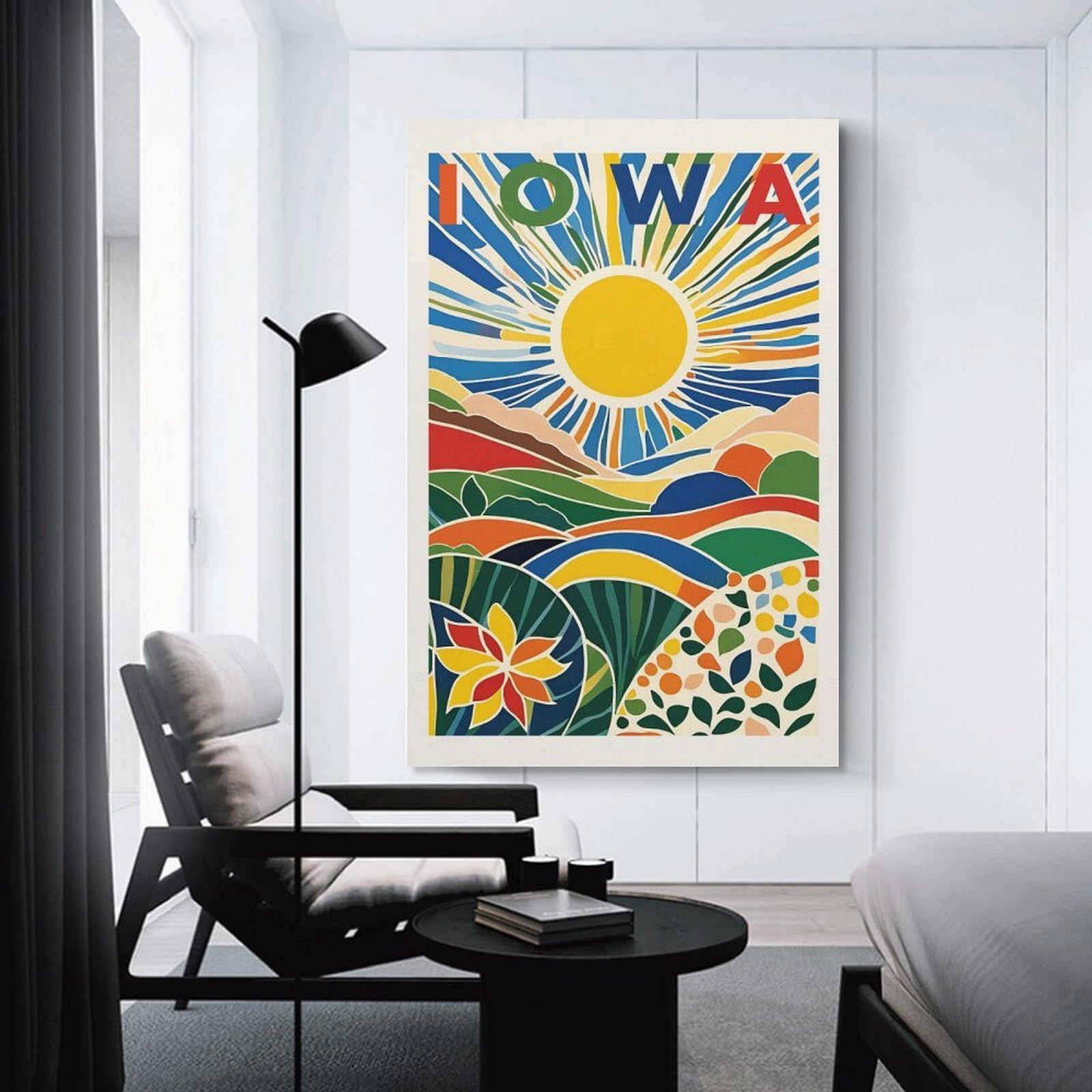 Junmoney Iowa Landscape with Sun And Text Canvas Wall Art, 20x30inch(50x75cm), for Bedroom, Guest Room Or Reading Nook, Decorative Wall Art for Cosy Rooms