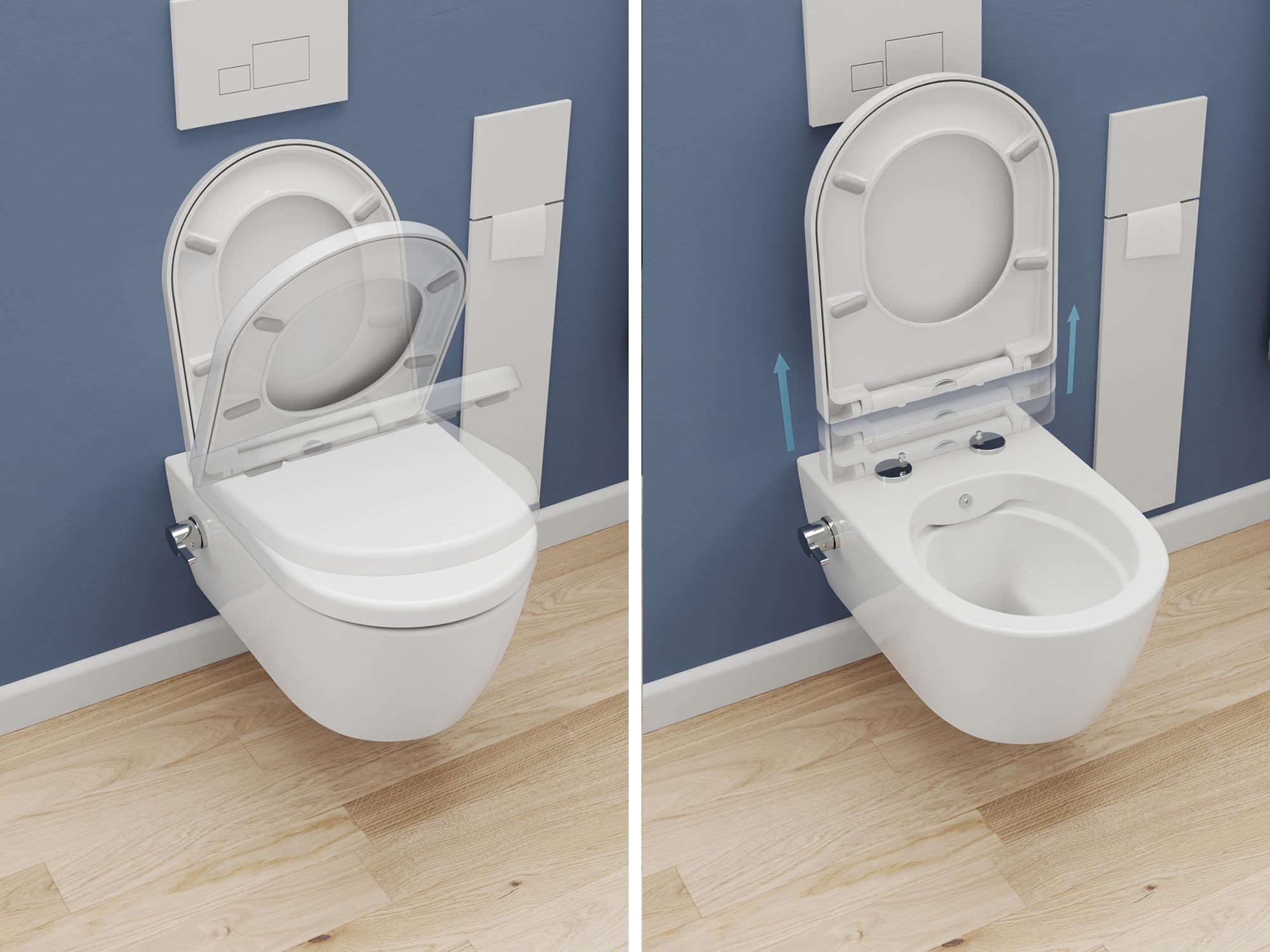 SSWW | wc douche avec siège de toilette Softclose, Taharet sans rebord, fonction bidet | 52,5 cm de long | mitigeur chaud/froid
