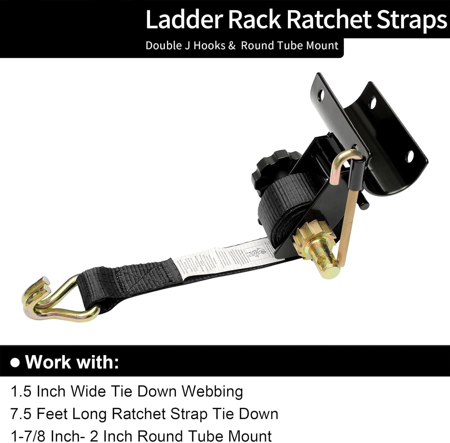 Ladder Rack Ratchet Straps with J Hook 2in Black Tube Mount Ladder Rack Securing Straps for Trucks, 1.5in X 7.5ft