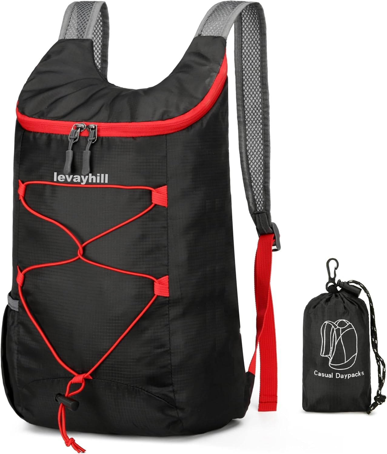 levayhill 16L Foldable Hiking Backpack,Small Packable Daypack,Black+Red