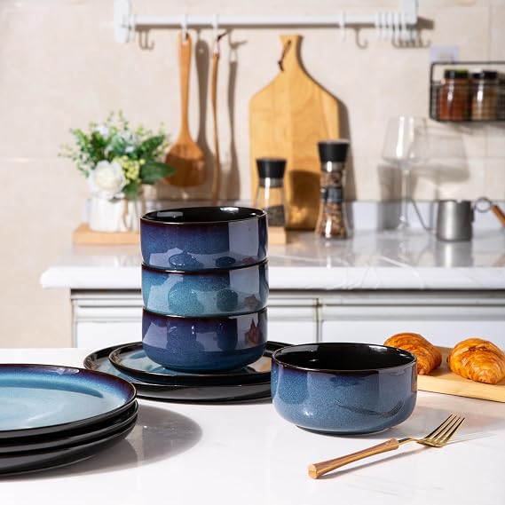 Ceramic Dinnerware Sets of 6,Poreclain Plates and Bowls Sets,Handmade Reactive Glaze Dishes Set,Chip Resistant and Scratch Resistant | Oven&Dishwasher & Microwave Safe-BLUE (30PCS)