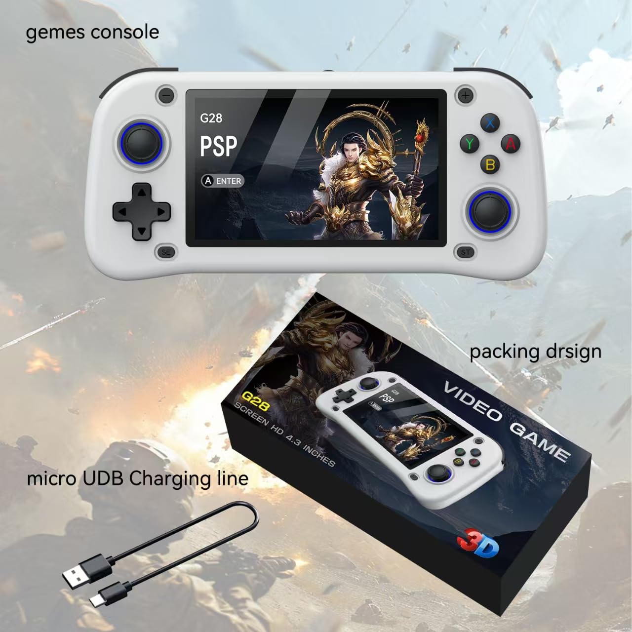 Nuova console da gioco portatile, 128 GB di memoria interna con 20.000 giochi, sistema Linux, console portatile per videogiochi, schermo IPS da 4,3 pollici, oltre 30 emulatori e sistema Linux (bianco