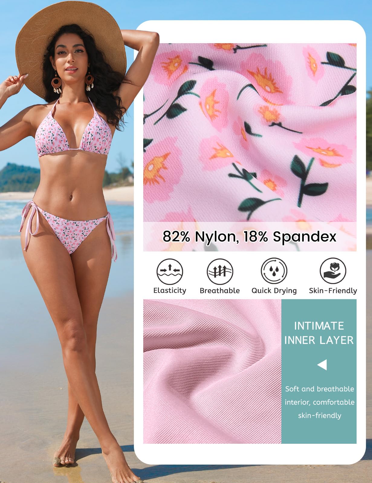 UMIPUBO Mujer Bikini Traje de Baño 2 Piezas Cuello en V Bañadore Conjunto Sexy con Triángulo Halter Encaje-Up Cintura Baja Tie De Dos Piezas
