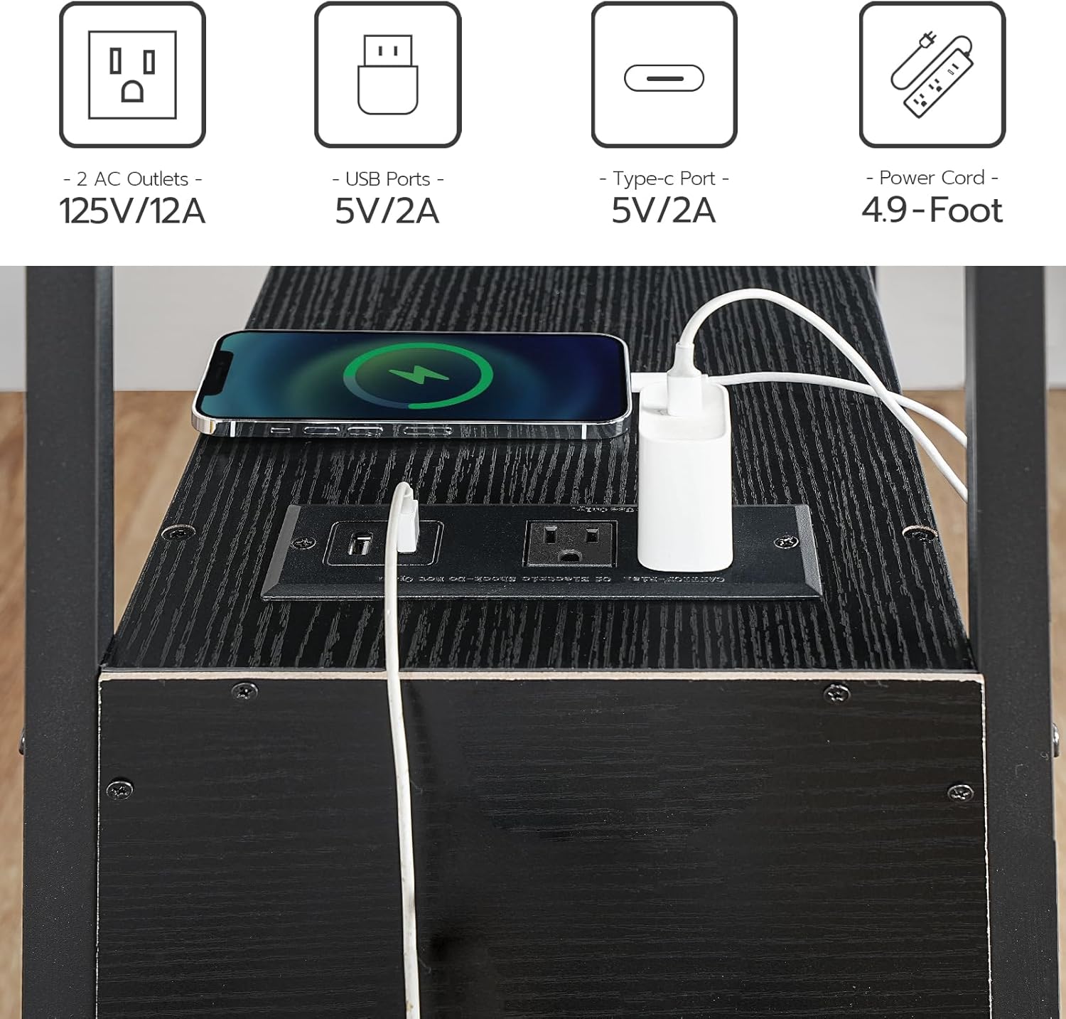 HOOBRO End Table with Charging Station, Narrow Side Table with 2 Drawer & USB Port & Power Outlets, Nightstand for Small Spaces, Stable and Sturdy, for Living Room, Bedroom, Black BK541BZ01