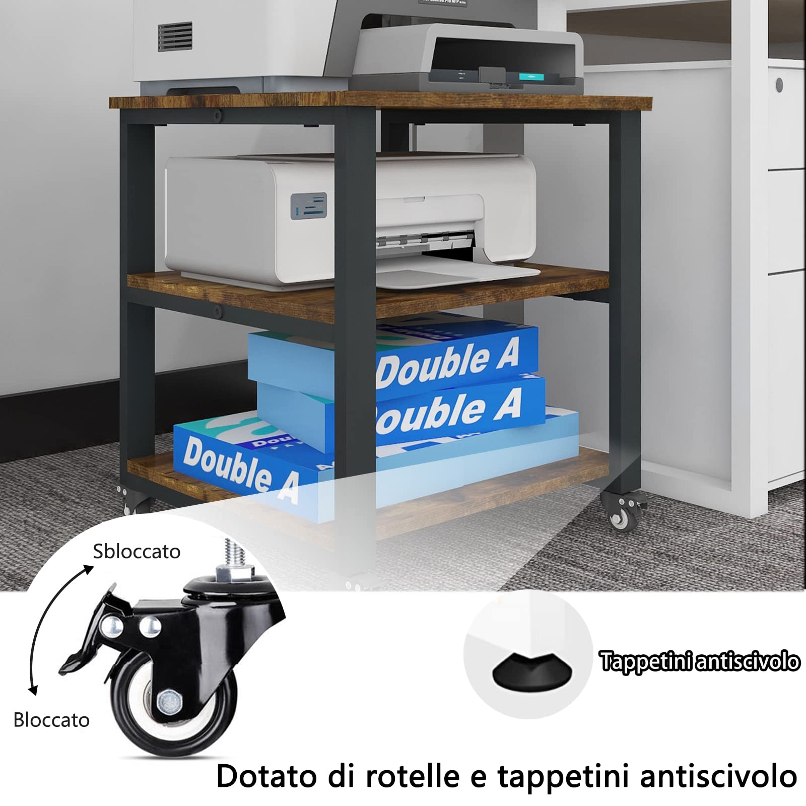 PUNCIA Supporto per Stampante a 3 Livelli Portastampante Tavolo per Stampante 50x50x57,5CM Carrello Mobile con Ruote Scaffale di Stoccaggio 100KG di Carico per Casa e Ufficio (Marrone)