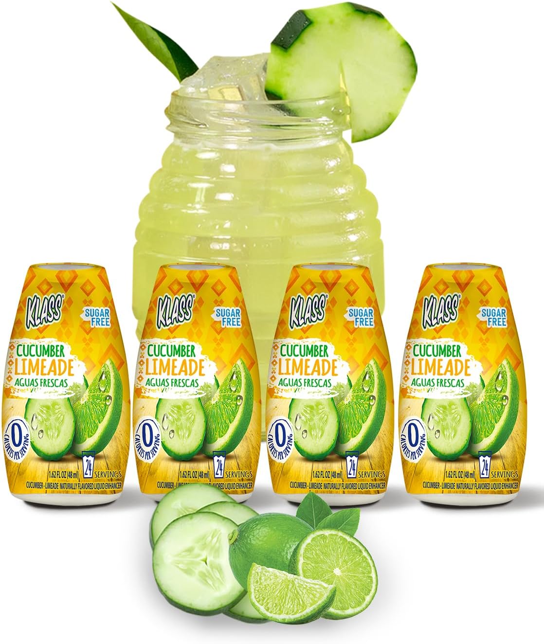 Klass Aguas Frescas | Liquid Water Enhancer | Cucumber-Limeade | Naturally Flavored | Sugar Free | Zero Calories Per Serving | Keto | 4 Bottles, Makes 96 Drinks
