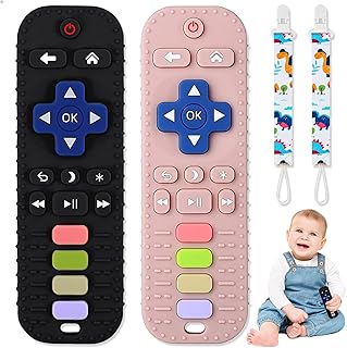 Jkevow 2 Pack Baby Teething Toys, Silicone Teethers Toys for Babies 0-24 Months, Remote Control Shape Baby Teethers Chew Toys, BPA Free Freezable Relief Molars Gums Pain (Black+Pink)