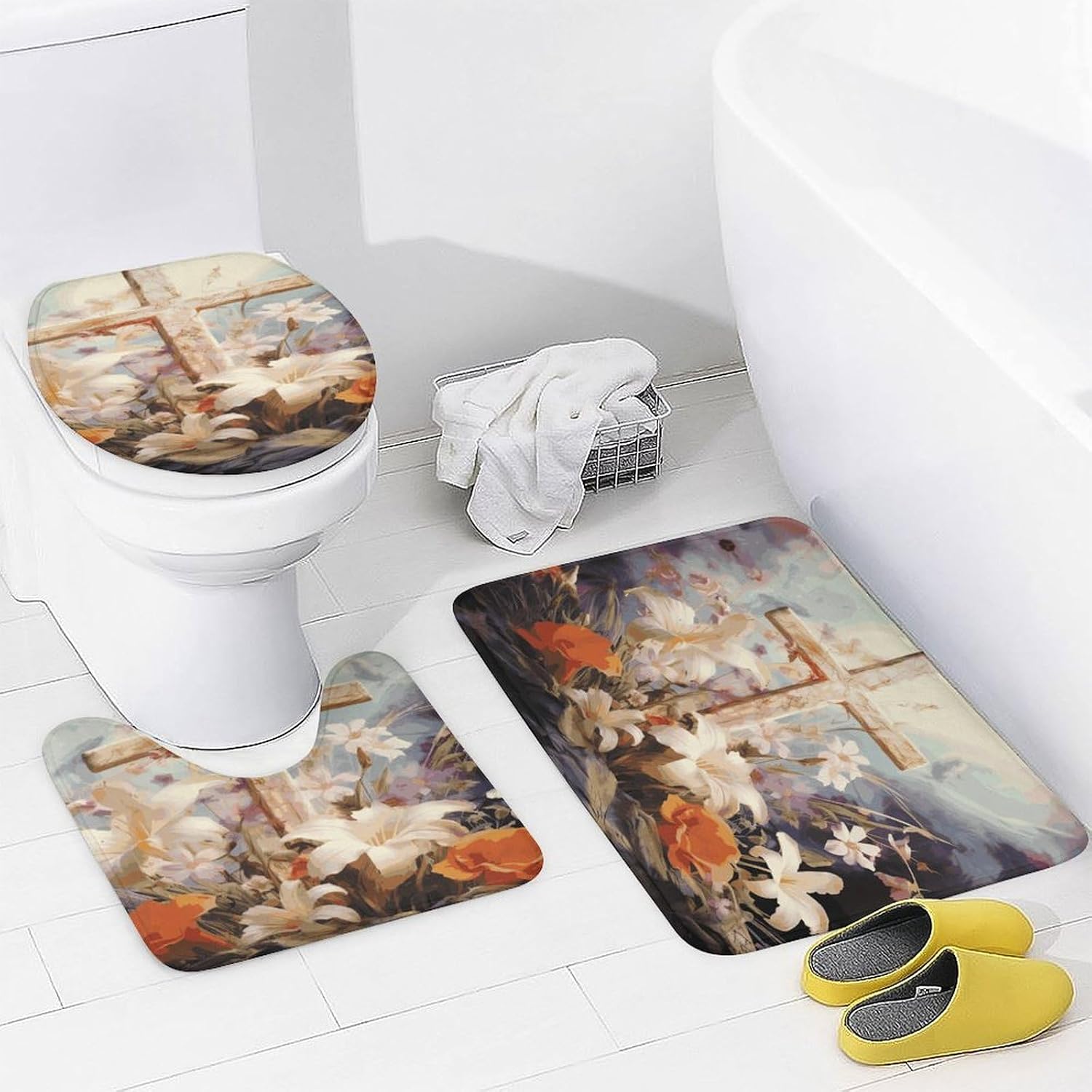 Easter Cross Art 4Pcs Shower Curtain Set with Non-Slip Rugs, Toilet Lid Cover and Bath Mat,Bathroom Set Decor Accessories,Curtain Set with 12 Hooks, 72 X 72 Inch