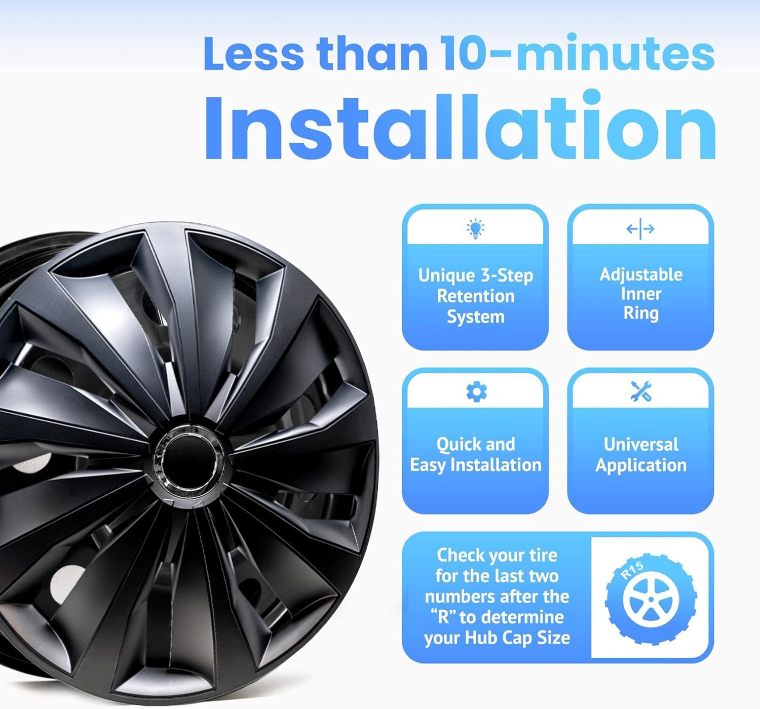 Alpena Action Vehicle Wheel Covers, Premium European-Made Rim Covers with 3-Step Retention System, Durable Hub Caps Fits Most Steel Wheels, Set of 4, 15 Inch, Black