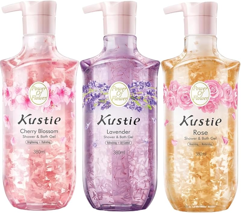 Kustie Sabonete Líquido Corporal com Pétalas de Flores, Óleos Essenciais, Rosa, Flor de Cerejeira e Lavanda, Pacote com 3