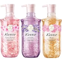 Kustie Natural Flower Petal Body Wash with Essential Oils, 24H Fragrance & Moisturizing Deep Cleanse Shower Gel for Sensitive & Dry Skin 12.8 Fl Oz Pack of 3, Rose & Cherry Blossom & Lavender