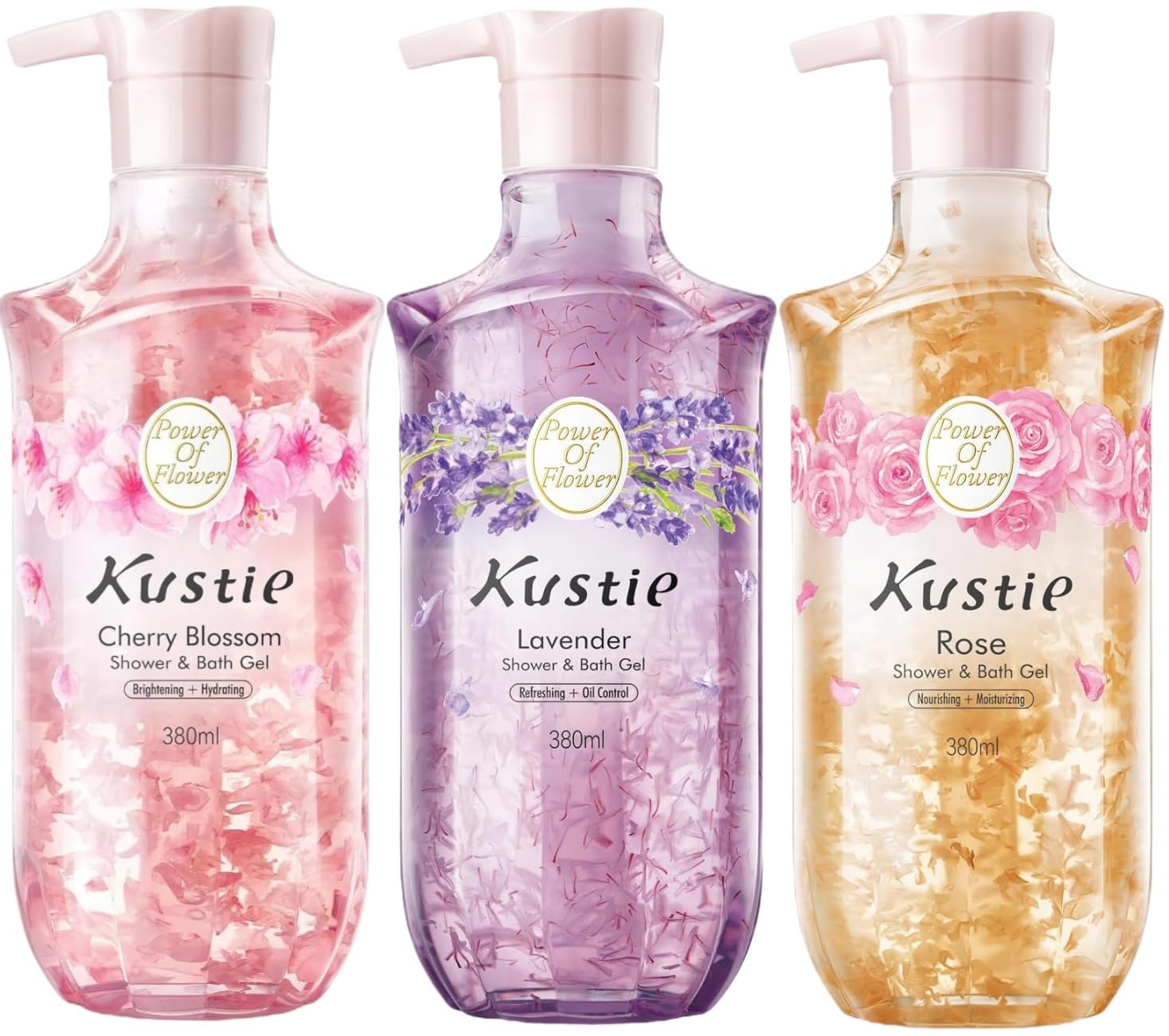Kustie Real Flower Petal Perfume Body Wash with Essential Oils, 24H Fragrance & Deep Moisturizing Cleanse Shower Gel for Sensitive & Dry Skin with Pump Bottle, 12.8 fl oz, 3-Pack