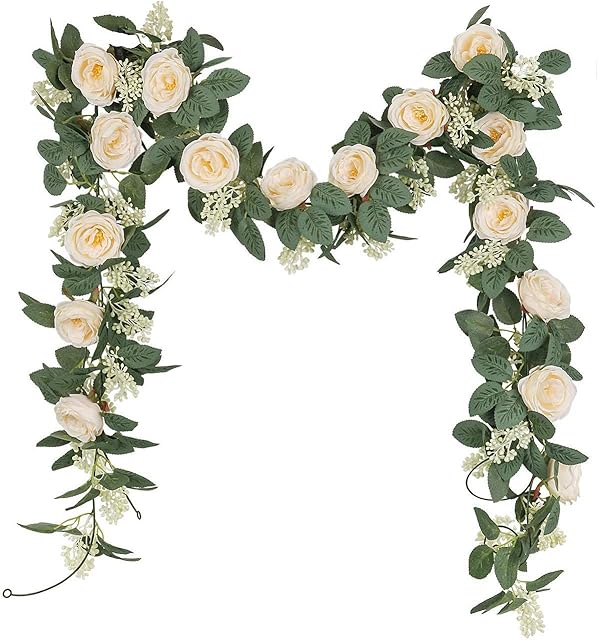 U'Artlines 2PCS(13FT) Fake Rose Vine Garland Artificial Flowers Plants for Hotel Wedding Home Party Garden Craft Art Decor(Champagne)
