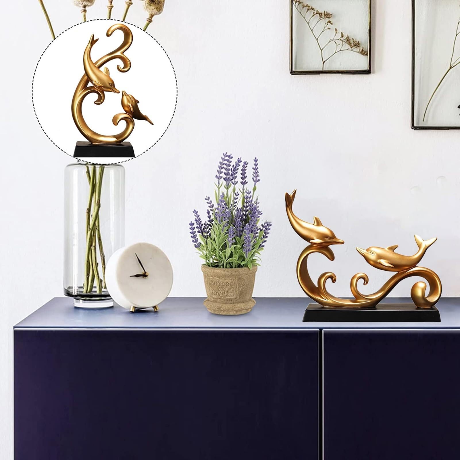 Home Decor Gold Elegant 26 * 22.5cm Home Decoration Modern Resin Dolphin Statue Center (Gold, 19 * 29cm)
