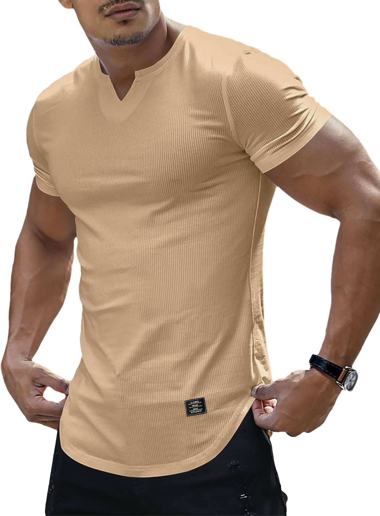 Mens V-Neck Muscle Slim Henley Shirt Workout Gym Athletic Shirt Fashion Short Sleeve Shirt
