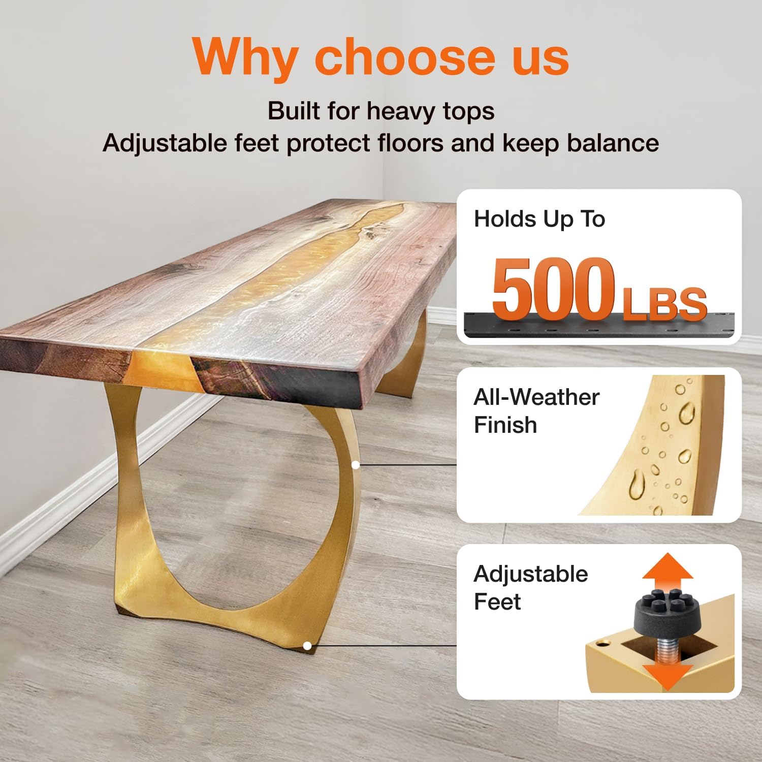 Flowyline 16" H 119 Cleo Handcrafted Gold Metal Table Legs and Bases for Bench | Steel Coffee Table Legs | Rust-Resistant, Adjustable Furniture Legs | DIY Mid-Century Modern Indoor/Outdoor