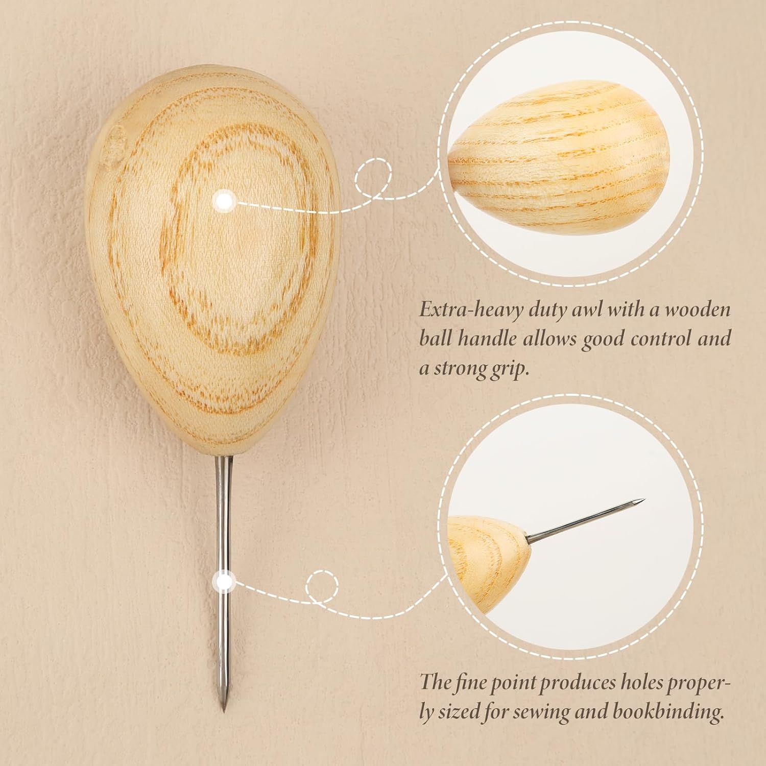 Lineco Wooden Ball Handle Awl. Extra-Heavy Duty, Comfortability and Good Control, Thin Point for Sewing