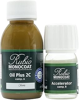 Rubio Monocoat Wood Stain & Finish 65 ft² - Olive | Oil Plus 2C | Quick-Dry, Eco-Friendly Linseed Wood Oil for Indoor Use, Includes Accelerator (Part B) | Protector | 130 ml