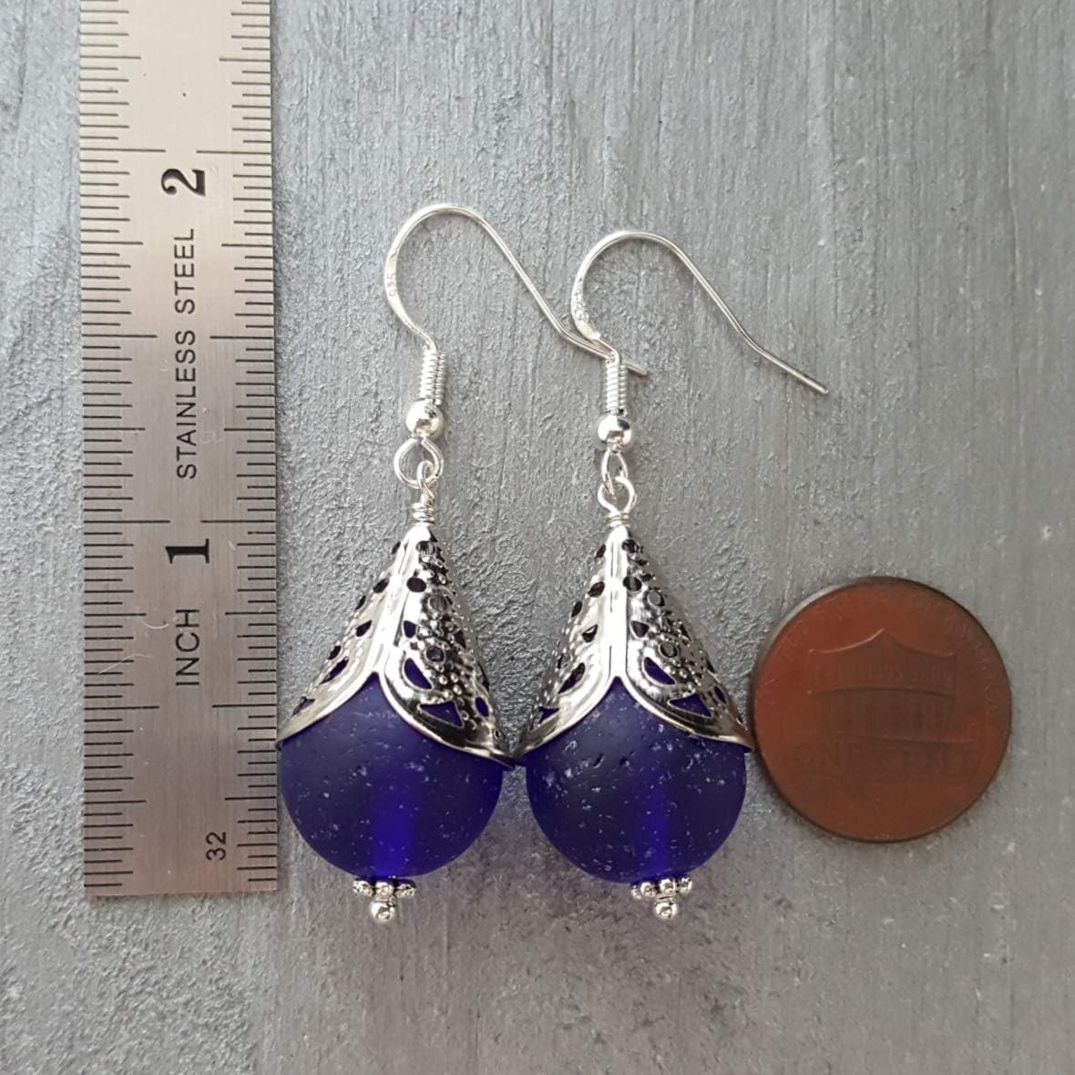 Handmade Sea Glass Earrings, Retro Revival Cobalt Earrings, Chunky Stone Weight Design, Sea Glass Jewelry Birthday Gift, Customization order is Available (September Birthstone)