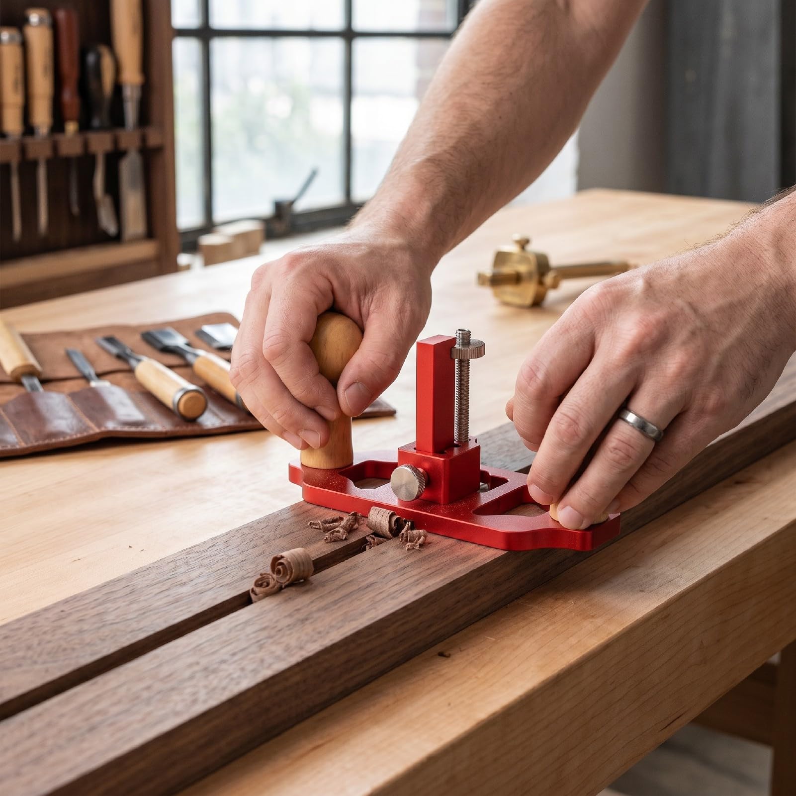 Pialla Manuale per Legno, Lega di Alluminio, Rossa | Doppia Impugnatura, profondità Regolabile, Lama Facile da Affilare, per la Lavorazione del Legno, Levigatura, Rifilatura di