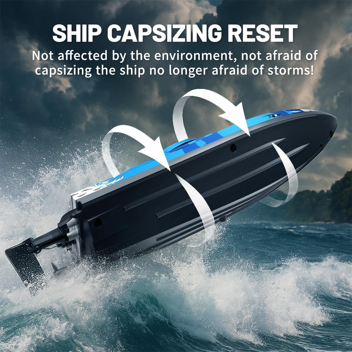 RC Boat 25KM/H High Speed Waterproof Remote Control Boat,Water Cooling, 2.4GHz Remote, 2 Batteries, LED Lights, One-Key Flip, Low Battery & Out-of-Range Alarm, Pool & Lake Racing for Kids & Adults