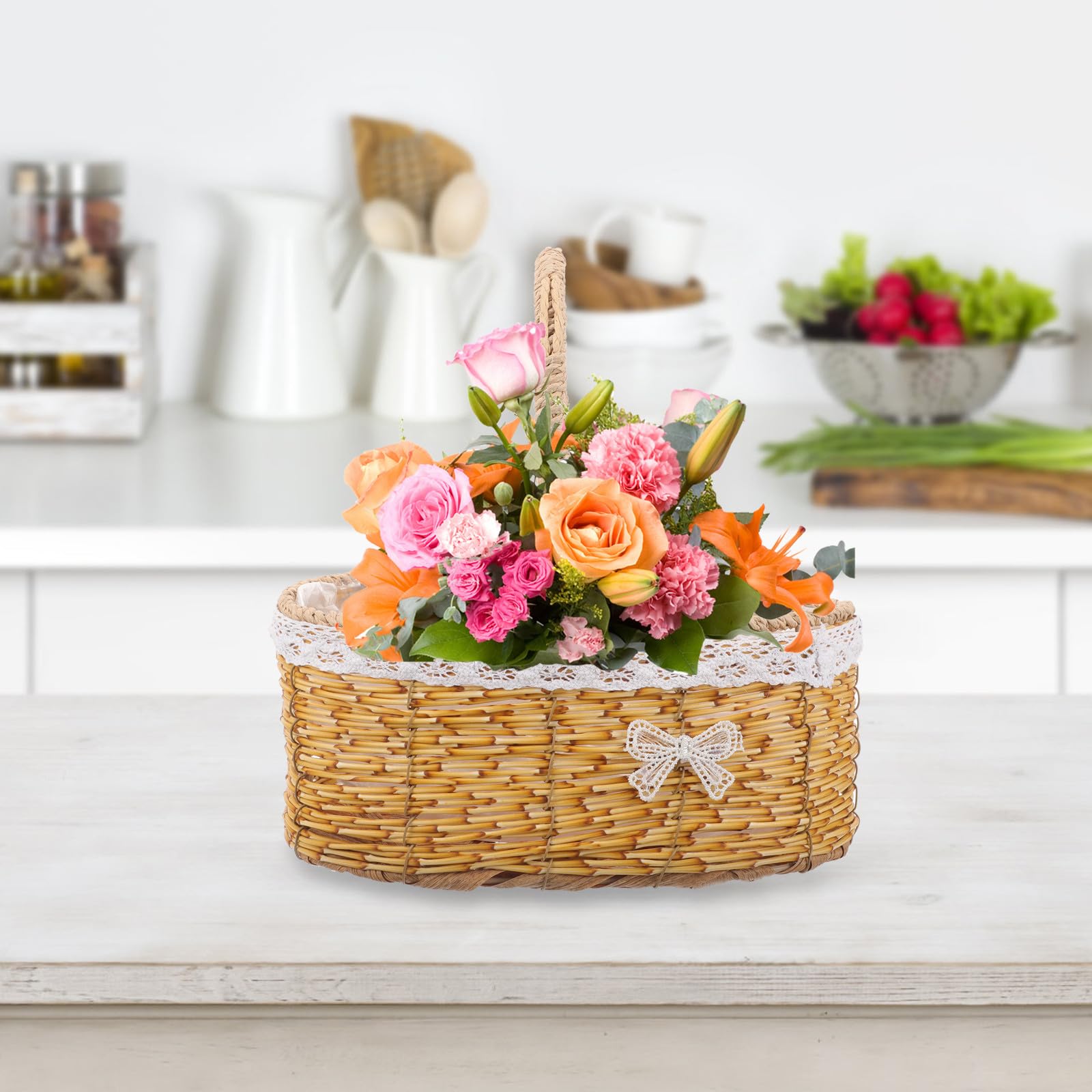 NUOBESTY Tragbarer Geflochtener Blumenkorb mit Einzigartigem Design und Leichtem Pp Material Eleganter Dekorativer Blumenmädchenkorb für Hochzeit und Balkon