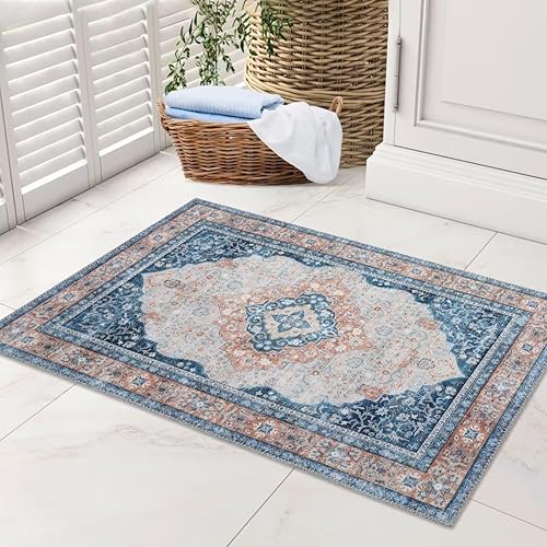 Miniatura 2 de GlowSol Alfombra vintage de 2 x 3, estilo oriental, envejecida, pequeña, delgada, de felpilla, plegable, antideslizante, para baño, cocina,