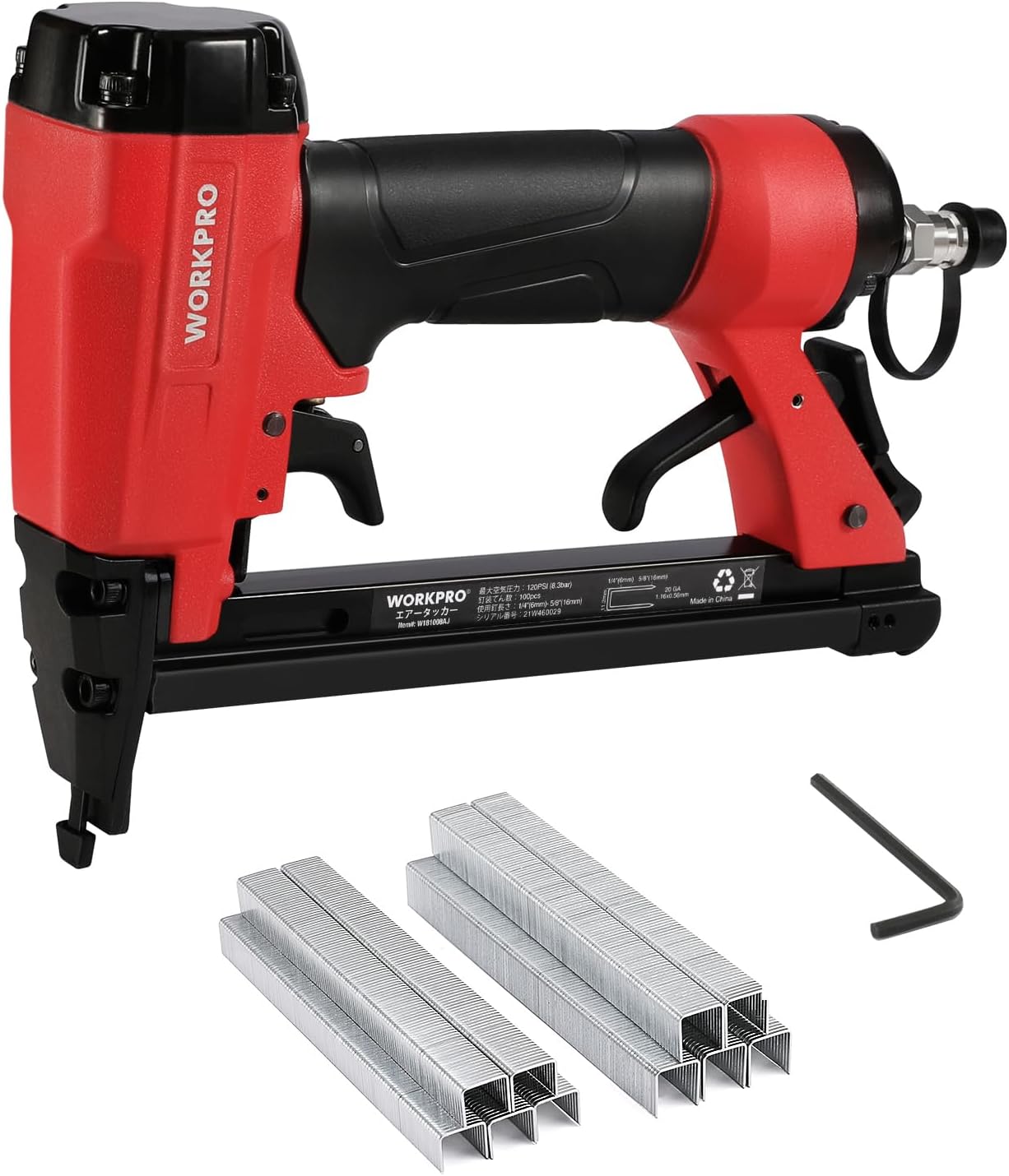 WORKPRO Air Tacker W181008AJ with included staples and hex wrench.