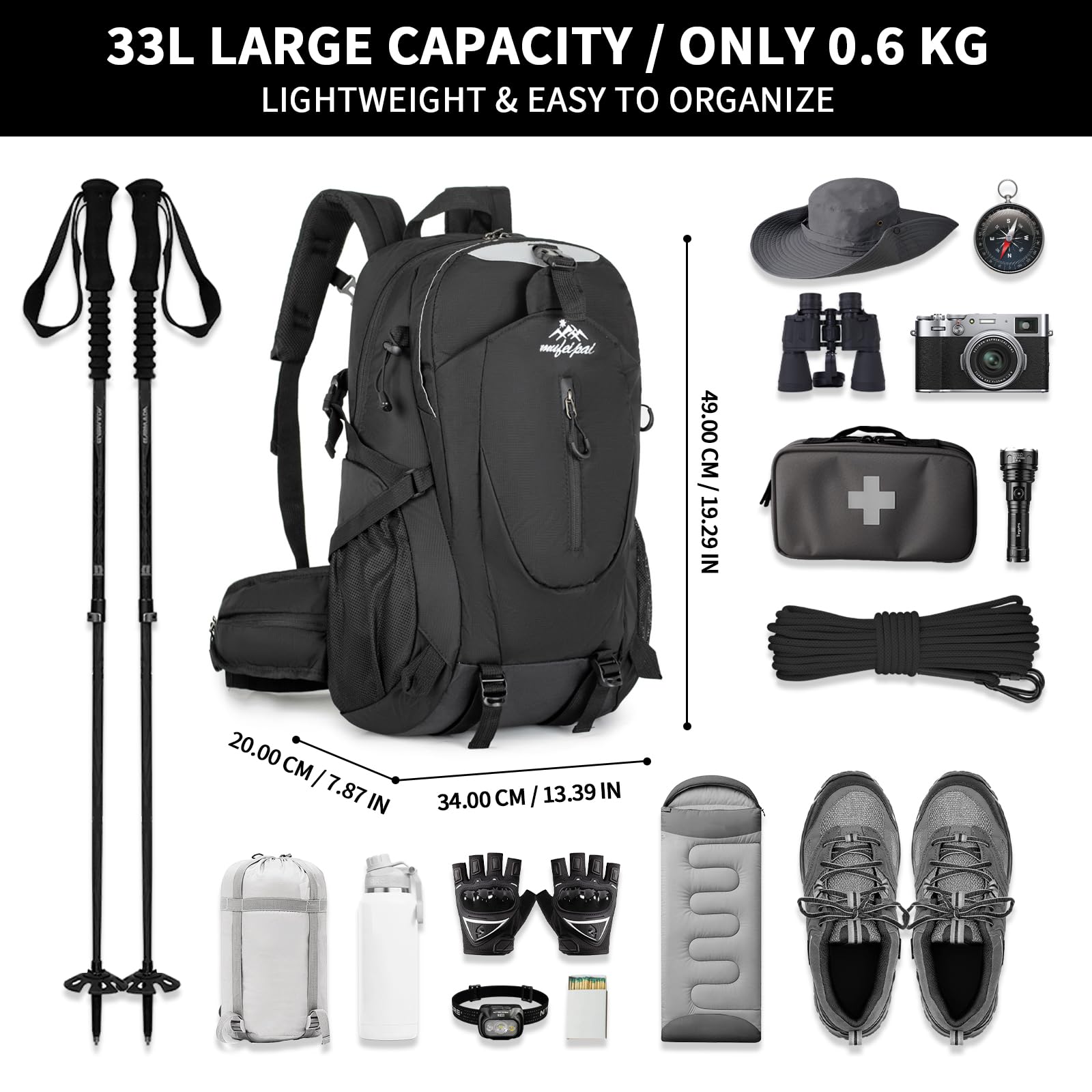 Amythe Sac à Dos École Garçons 8 à 15 ans Randonnée Grand Léger 33 L, Noir | Imperméable Voyage Ergonomique Noir Daypack Multi-Poches Spacieux Robuste pour École Loisir Toutes Saisons