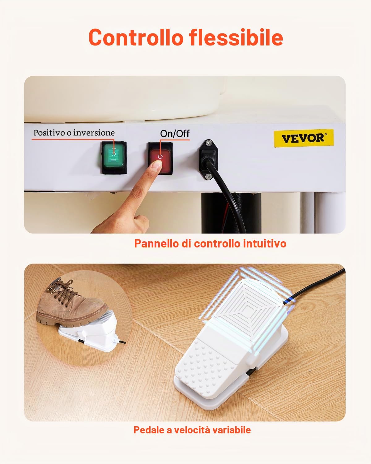 VEVOR Tornio per Ceramica, Macchina per la Formatura di Ceramiche da 35 cm, velocità da 60 a 300 Giri/min, con Accessori Pedale, Gamba di Sollevamento Regolabile, Vasca Rimovibile, Bianco