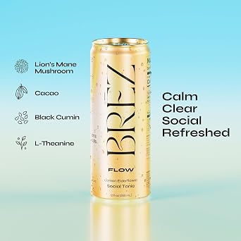 BREZ FLOW Alcohol Alternative Drink Non Alcoholic Sparkling Drink with Lions Mane Mushroom, Lemon Elderflower, Adaptogen Beverage for Mood & Focus, Alcohol Alternatives with a Buzz, 24 Pk 12 Fl Oz