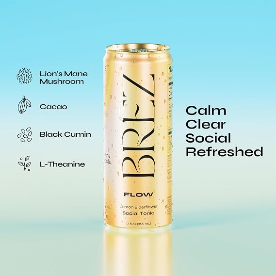 BREZ FLOW Alcohol Alternative Drink Non Alcoholic Sparkling Drink with Lions Mane Mushroom, Lemon Elderflower, Adaptogen Beverage for Mood & Focus, Alcohol Alternatives with a Buzz, 24 Pk 12 Fl Oz