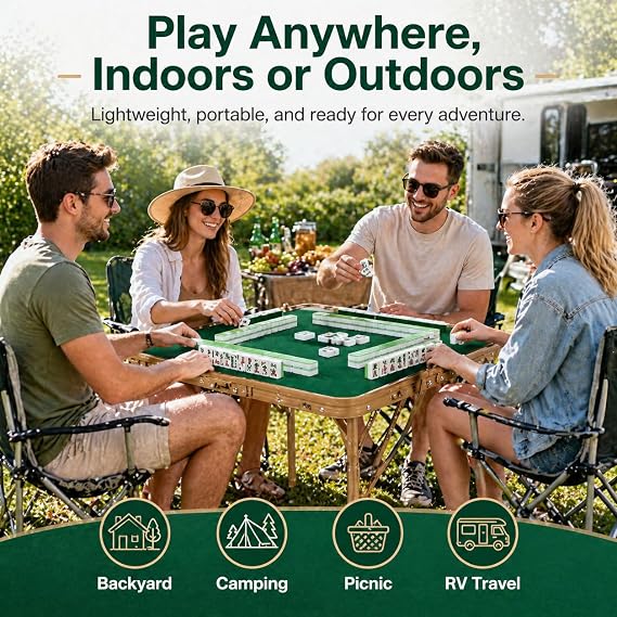 Folding Mahjong Table, 27.6 x 27.6 Portable Mahjong Game Table with Green Felt Surface, Aluminum Alloy Foldable Frame, Indoor Outdoor Table for Mahjong, Cards, Dominoes & Board Games