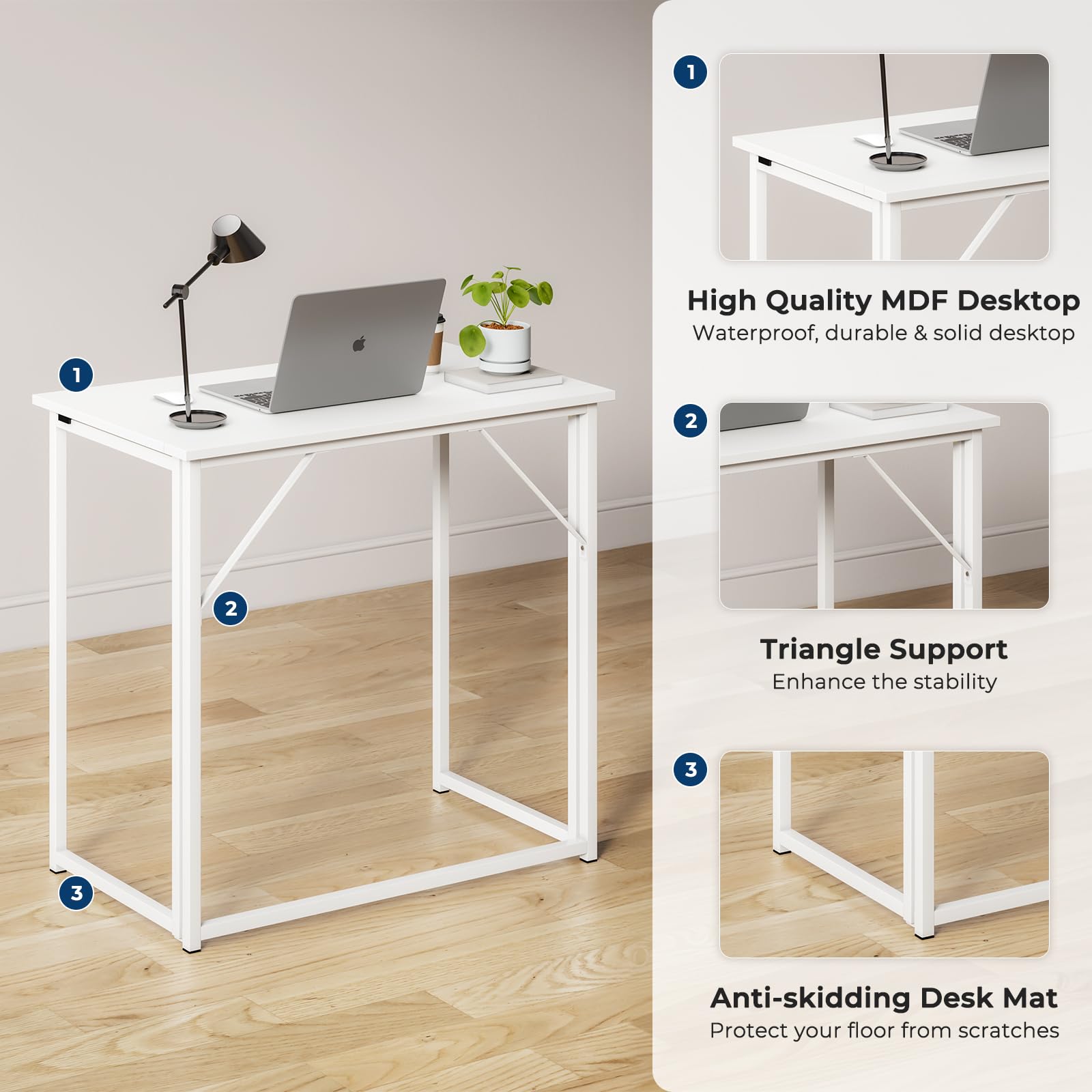 Dripex Klapptisch 80x46 cm Klappschreibtisch Faltbar Tisch | Kleiner Schreibtisch klappbar Computertisch Platzsparender Tisch für Homeoffice Arbeitszimmer PC, Weiß