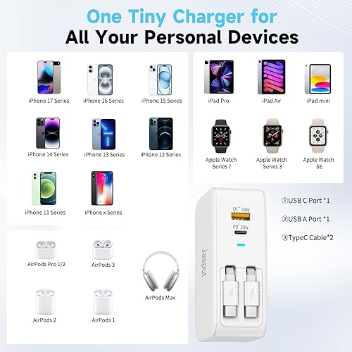 Miniatura 6 de Bloque Cargador de Pared USB, Cables Retráctiles Duales Incorporados Bloque USB C de 40W Enchufe de Pared con Puertos USB AUSB C, Viaje y Carga