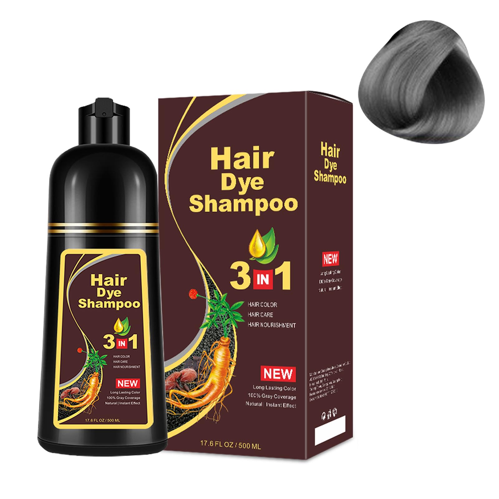Silver Gray Hair Dye Shampoo 3-in-1 Champu Para Canas Mujer, Instant Herbal Hair Color Treated Shampoo, Long Lasting Easy to Use, for Women Men, 500ml