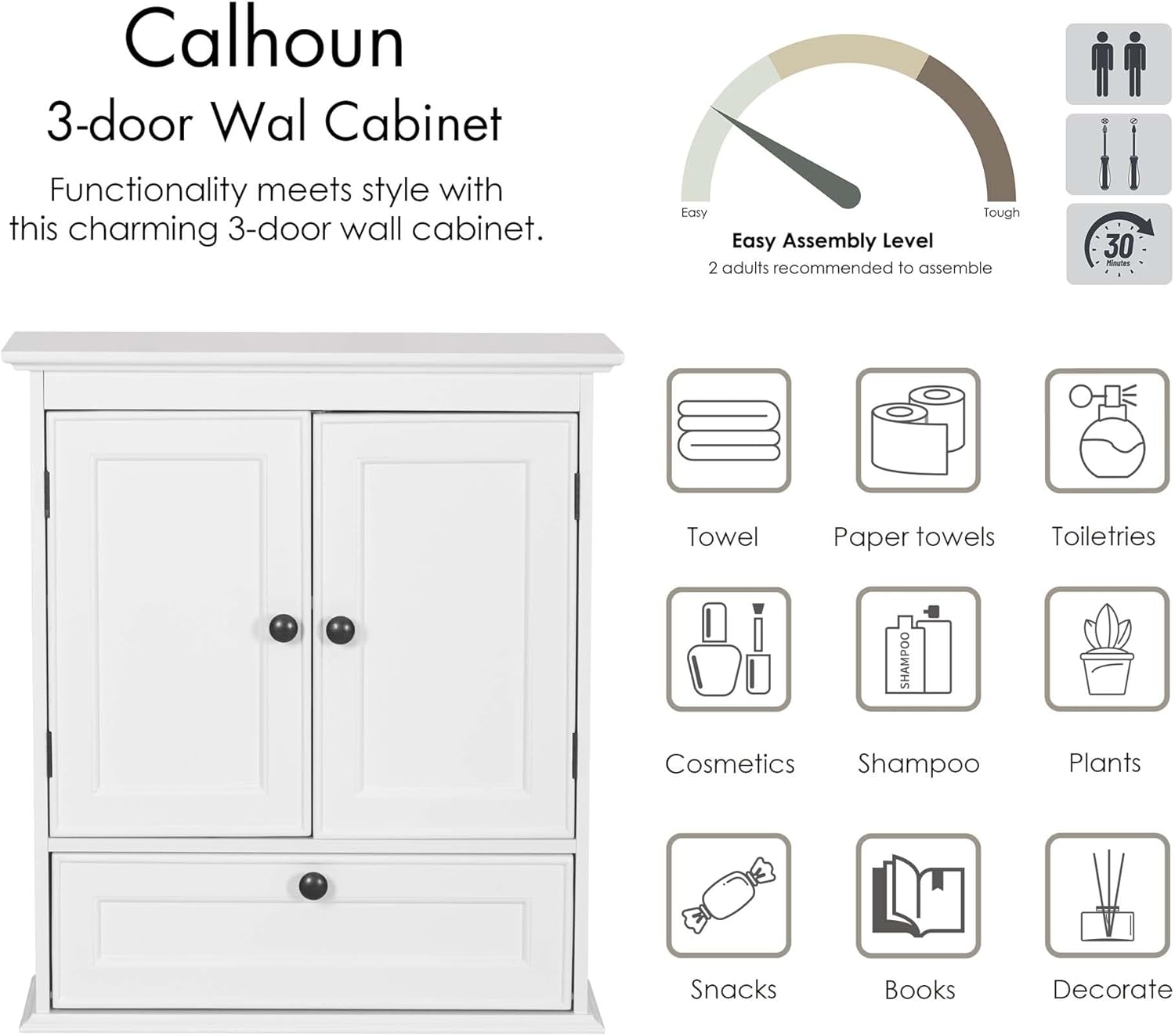 Spirich Bathroom Cabinet Wall Mounted, Small Bathroom Wall Cabinet Over Toilet, Medicine Cabinet Organizer with Doors and Adjustable Shelf, White