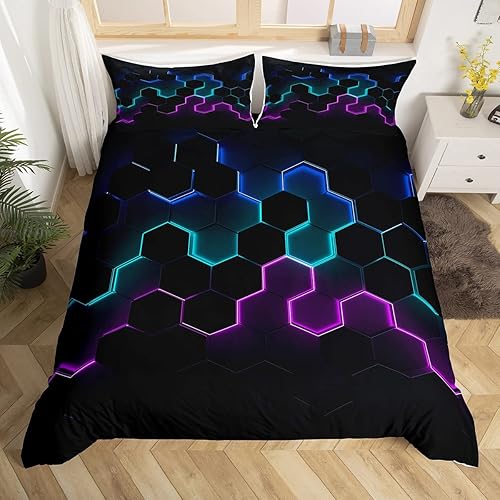 Miniatura 2 de Juego de funda de edredón de panal para niños, tamaño individual, juego de ropa de cama abstracto geométrico hexagonal moderno, decoración de