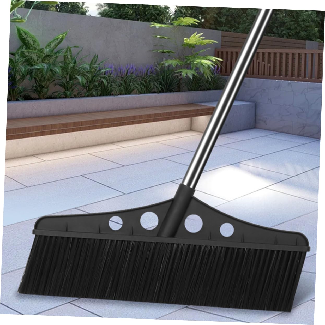 Generico Scopa da Giardino Nera Staccabile, Spazzola da Esterno Manico Ergonomico in Metallo Inossidabile e Nailon, per Marciapiedi e Magazzini