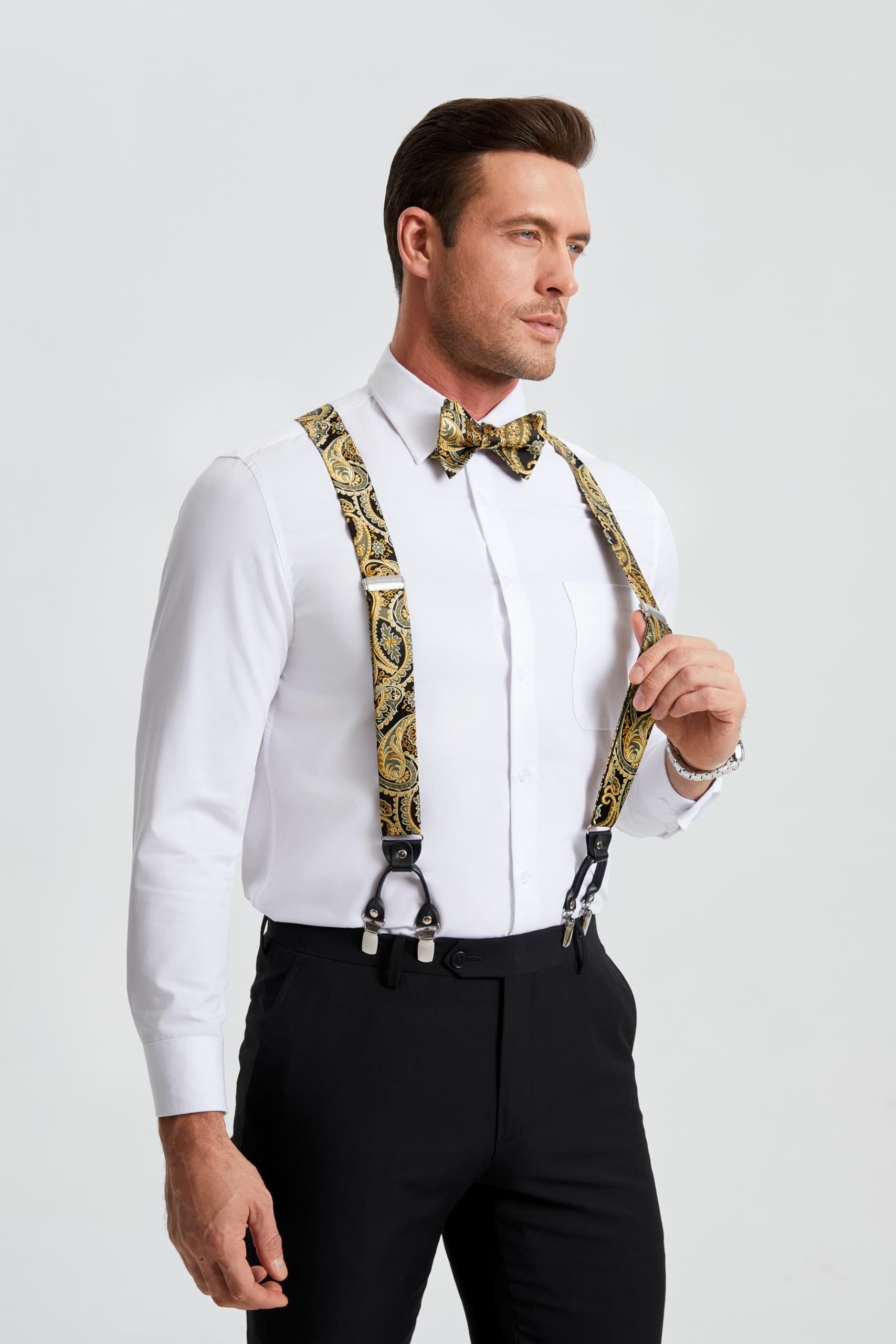 HISDERN Hosenträger für Herren breit Fliege Einstecktuch Set elastisch und längenverstellbar in verschiedenen Designs