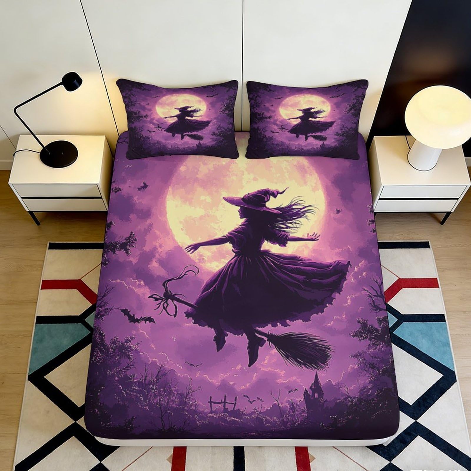 3D Printed Witch Moon Fitted Sheet Microfiber Purple Halloween Bed Cover for Bedroom Guest Room Mattress Decor 90x200x25cm