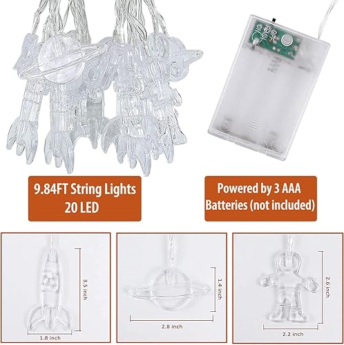 Miniatura 9 de Guirnalda de 30 luces LED para habitación de niños de 16.4 pies, astronauta, nave espacial, cohete, luces temáticas de vacaciones para guardería,