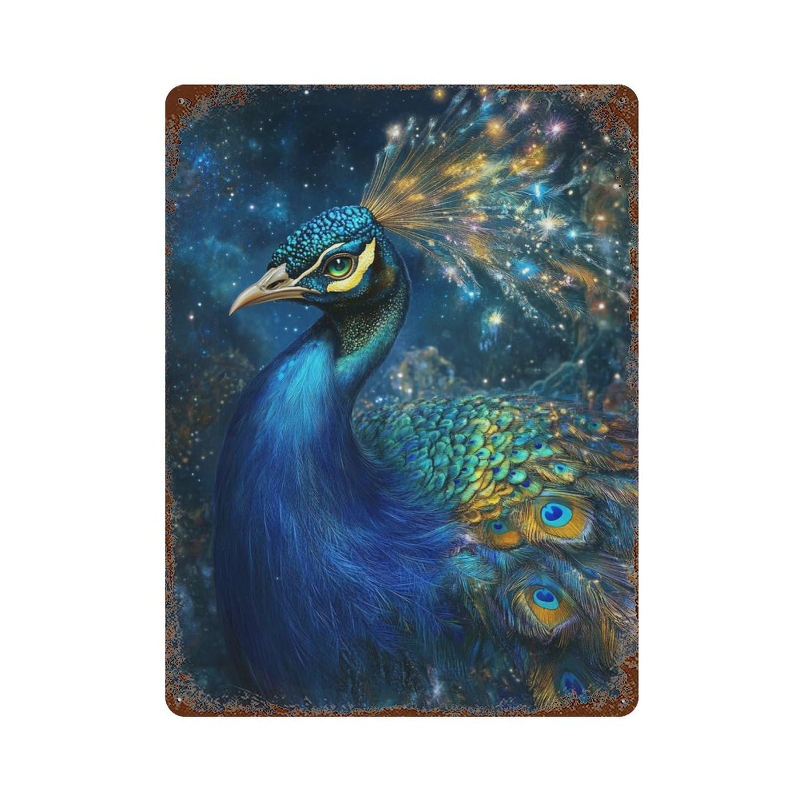 Distressed Metal Wall Sign Galactic Peacock Majesty -2 15.7"x11.8", Rustic Home Decor for Farmhouse, Kitchen And Entryway Decor