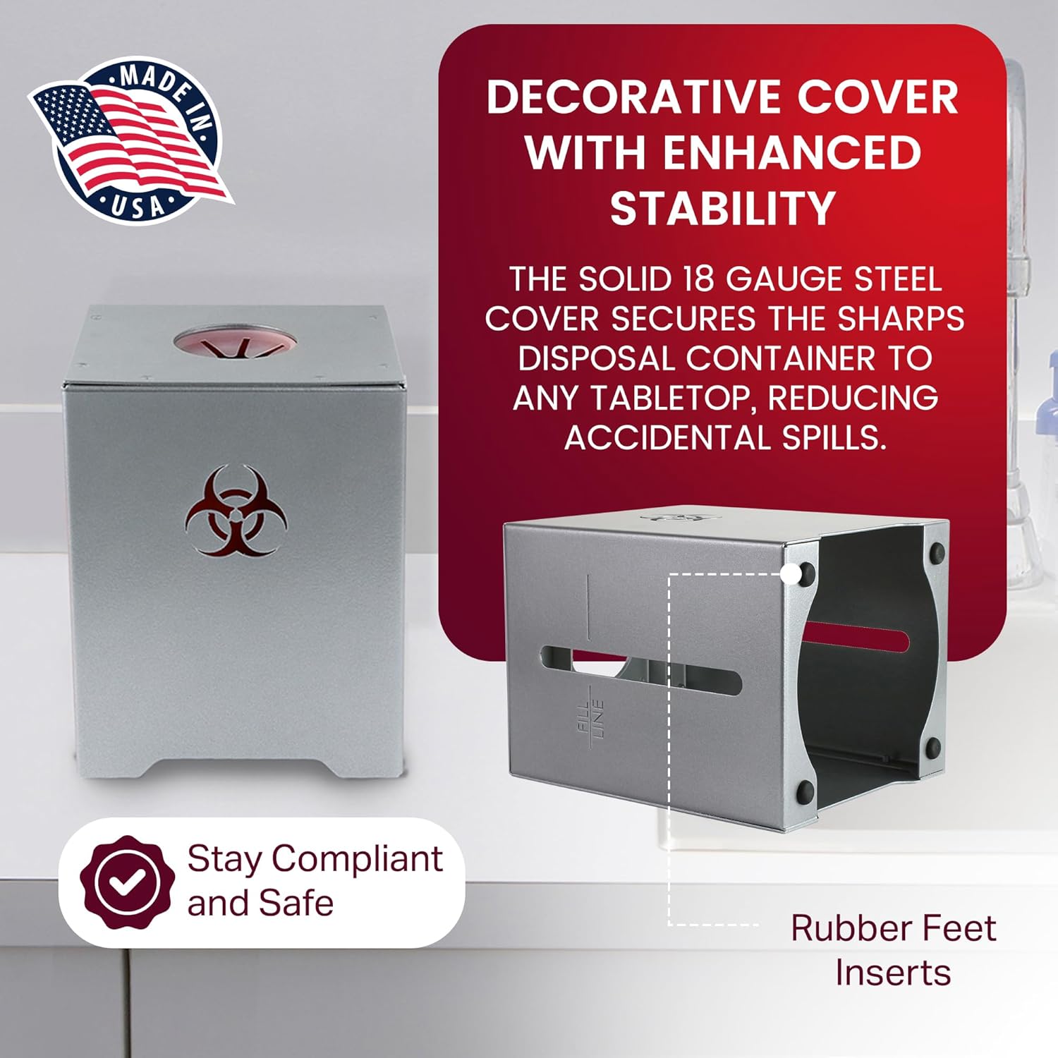 1.5Qt Sharps Container and Tabletop Cover Set, Needle Container w/Conseal!® Steel Grey Tabletop Cover, 6 Biohazard Containers w/Tamper-Evident Locking Screw Caps, OSHA-Compliant, US-Made
