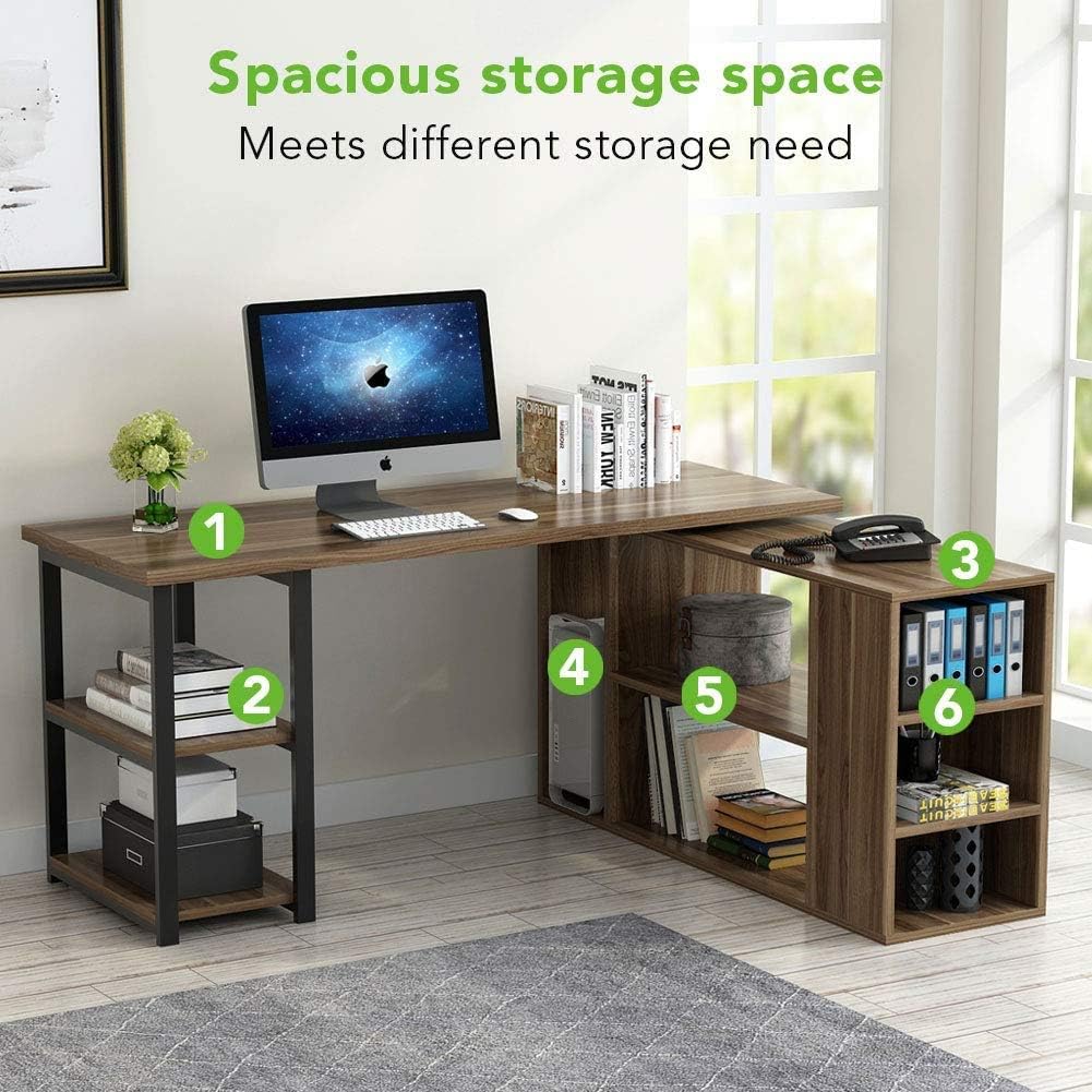 Tribesigns L-Shaped Computer Desk, Rotating Corner Computer Desk with Bookcase &File Cabinet (Deep Walnut)