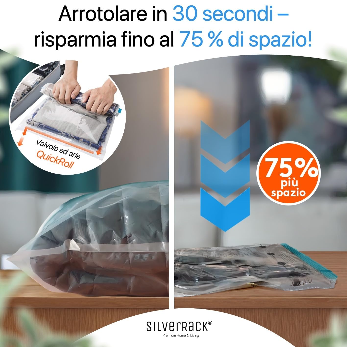 SilverRack, sacchetti sottovuoto per vestiti da viaggio da arrotolare [7 pezzi] in (2x 30x40 cm / 2x 35x50 cm / 2x 40x60 cm / 1x 50x70 cm) - sacchetti sottovuoto salvaspazio per vestiti da viaggio