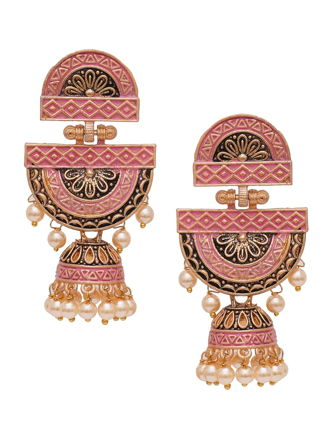 Karatcart Gold Plated Pink Floral Dangler Earrings for Women Karatcart Gold Plated Pink Floral Dangler Earrings for Women