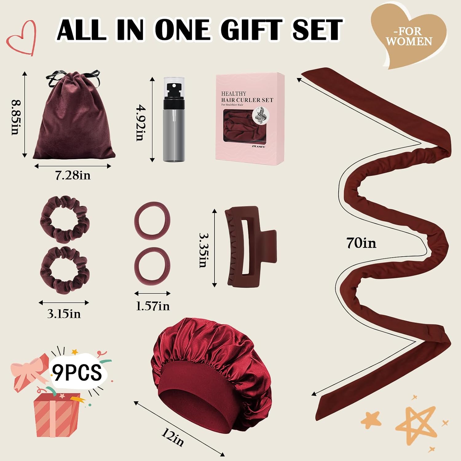 ZILAMPU Hair Curler, 70' Soft No Heat Curling Headband Wrap for Overnight Curls, Women Long Wave Curl Hair Rollers - Reddish Brown, 9 PCS Curling Rods Gifts Set